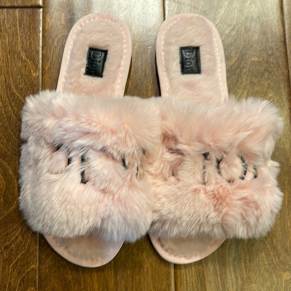 Pink fuzzy Dior slippers